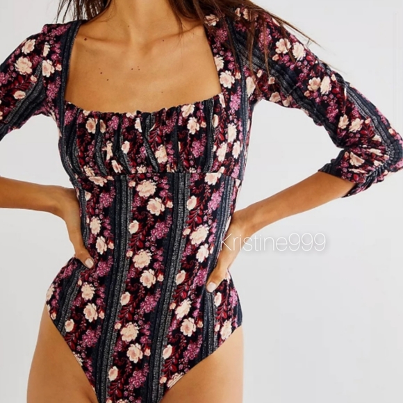 Free People Center Stage Open Back Printed Bodysuit in Black Purple Cream Floral - Picture 1 of 8